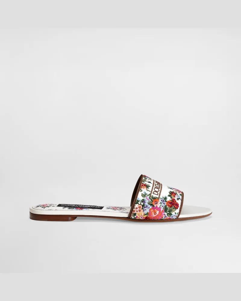 Dolce & Gabbana Nappa Leather Flat Slippers With Embroidery - Frau Pantoletten Und Mules Weiss Weiss