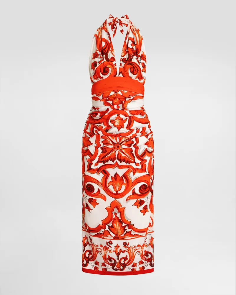Dolce & Gabbana Langes Kleid Aus Charmeuse Mit Majolika-print - Frau Kleider Mehrfarbig Multicolor