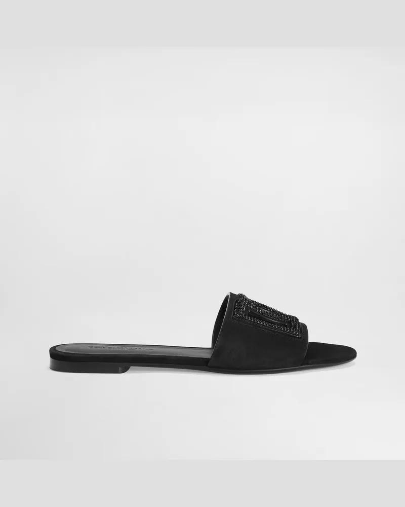 Dolce & Gabbana Pantolette Aus Veloursleder Und Thermostrass - Frau Pantoletten Und Mules Schwarz Schwarz
