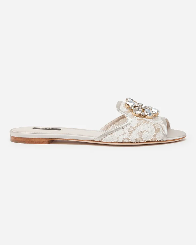Dolce & Gabbana Sandale Aus Spitze Mit Kristallen - Frau Pantoletten Und Mules Grau Spitze Weiss