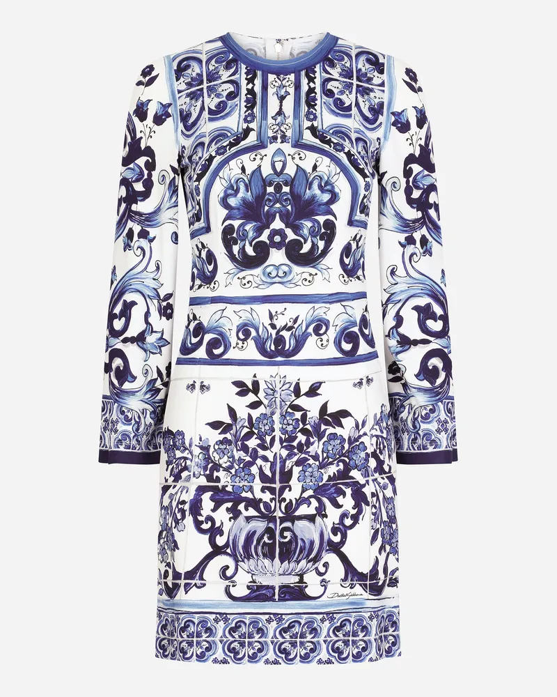 Dolce & Gabbana Kurzes Kleid Aus Organsin Majolika-print - Frau Kleider Blau Mehrfarbig