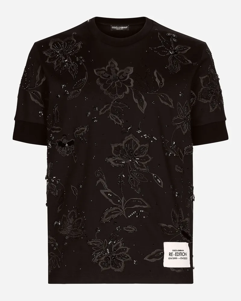 Dolce & Gabbana T-Shirt aus Baumwollinterlock mit Stickerei Schwarz