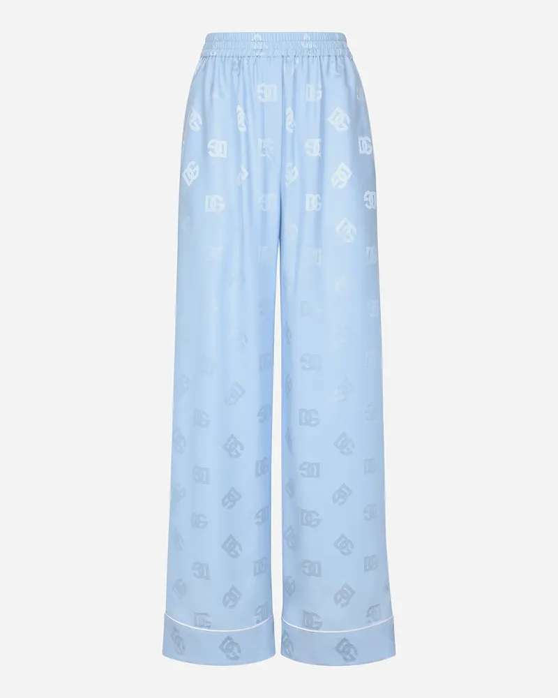 Dolce & Gabbana Jacquard-pyjamahose Aus Seidensatin Dg-logo Allover - Frau Hosen Und Shorts Hellblau Hellblau