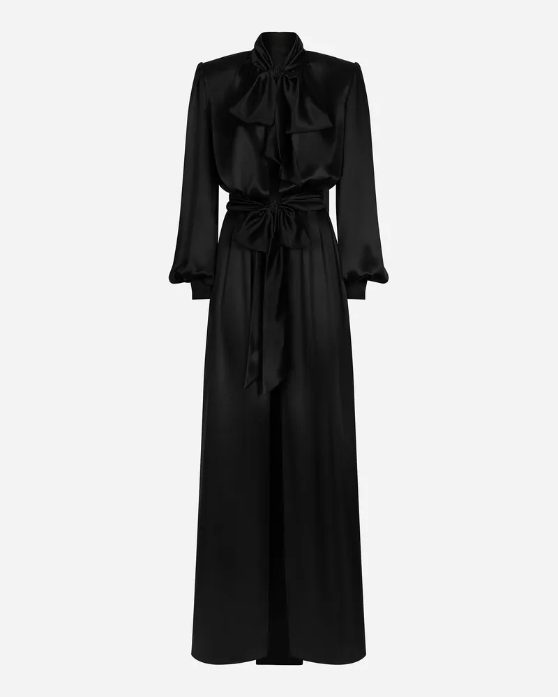 Dolce & Gabbana Langes Kleid Aus Seidensatin Mit Schlitz Vorne - Frau Kleider Schwarz Schwarz