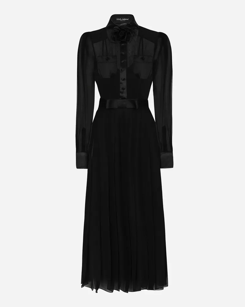 Dolce & Gabbana Longuette-kleid Im Hemdblusenstil Aus Chiffon Mit Satindetails - Frau Kleider Schwarz Seide Black