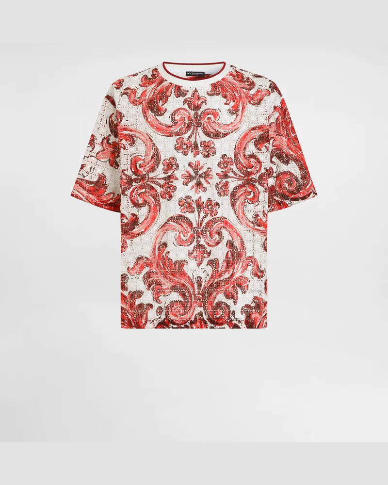 Dolce & Gabbana T-shirt Aus Sangallo-spitze Mit Majolika-print - Mann T-shirts Und Polos Mehrfarbig Mehrfarbig
