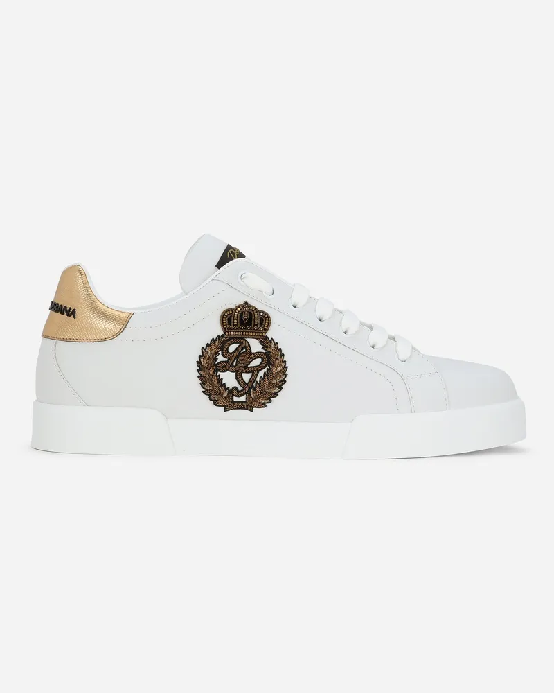 Dolce & Gabbana Portofino Sneakers Aus Kalbsnappaleder Mit Kronen-patch - Mann Sneakers Wei� Leder Weiss