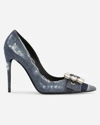 Dolce & Gabbana Pumps aus Patchwork-Denim mit Strassschnalle Blau