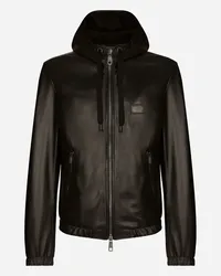 Dolce & Gabbana Lederjacke mit Kapuze und Logoplakette Schwarz