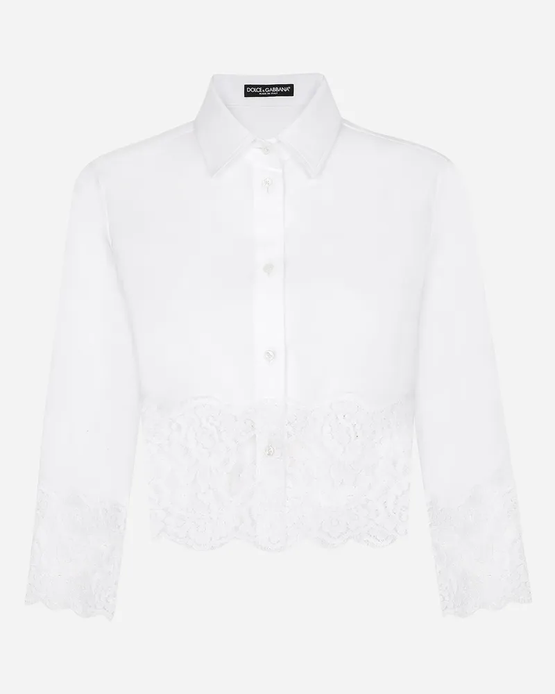 Dolce & Gabbana Kurze Bluse Aus Popeline Mit Einsätzen Aus Spitze - Frau Blusen Und Tops Wei� Baumwolle Weiss