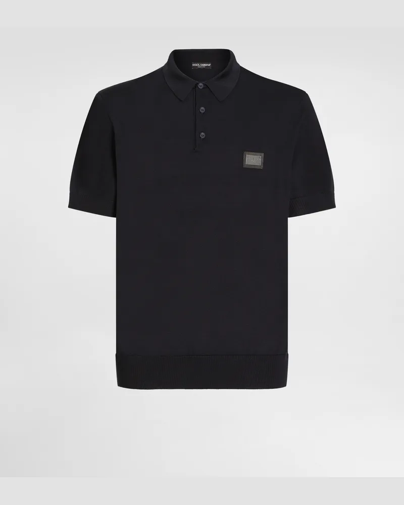 Dolce & Gabbana Poloshirt Aus Wolle Mit Logoplakette - Mann Strickwaren Blau Wolle Blau