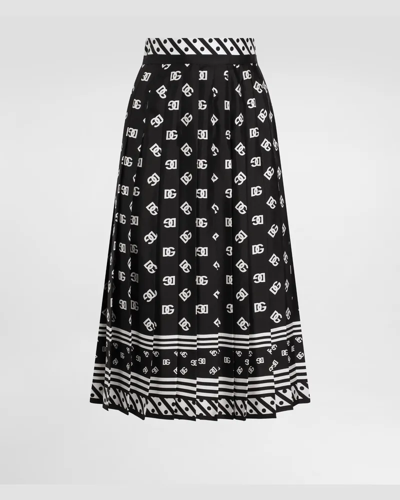 Dolce & Gabbana Longuette-plisseerock Aus Seidentwill Foularddruck Dg-logo Allover - Frau Röcke Schwarz Schwarz