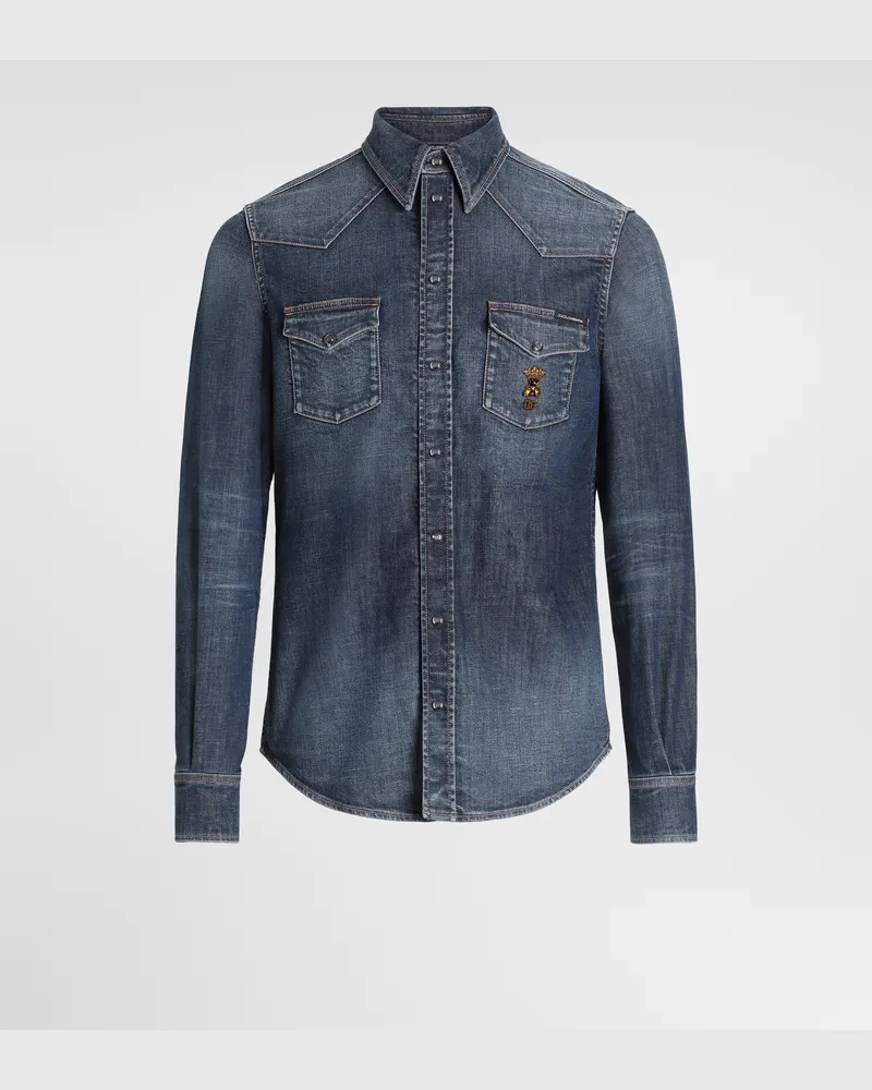 Dolce & Gabbana Gold Shirt In Denim With Patch - Mann Jeans Blau Blue