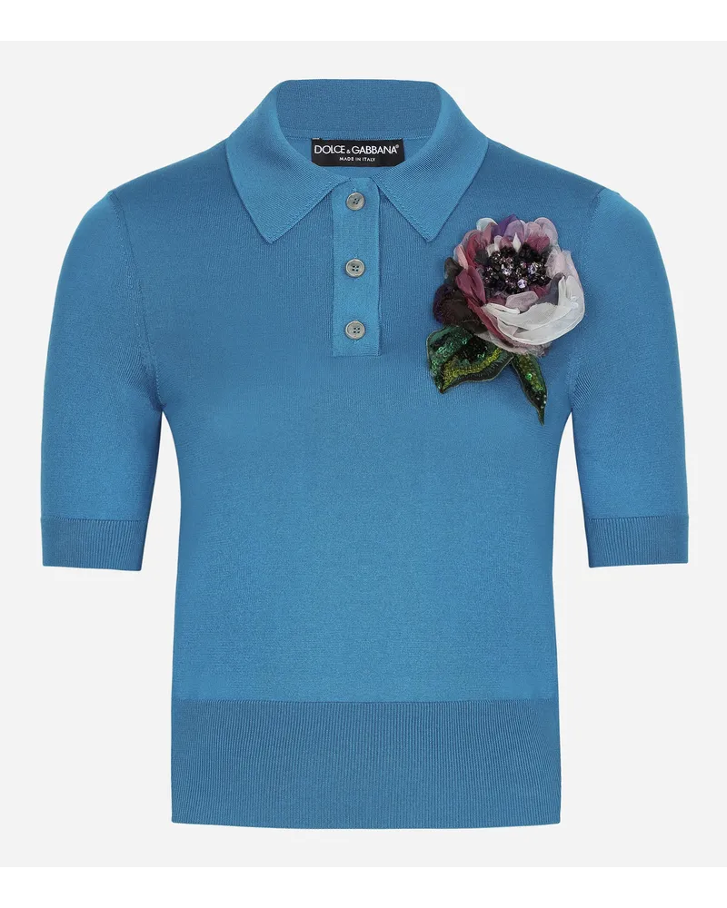 Dolce & Gabbana Poloshirt aus Seide mit Blumenapplikation Grün