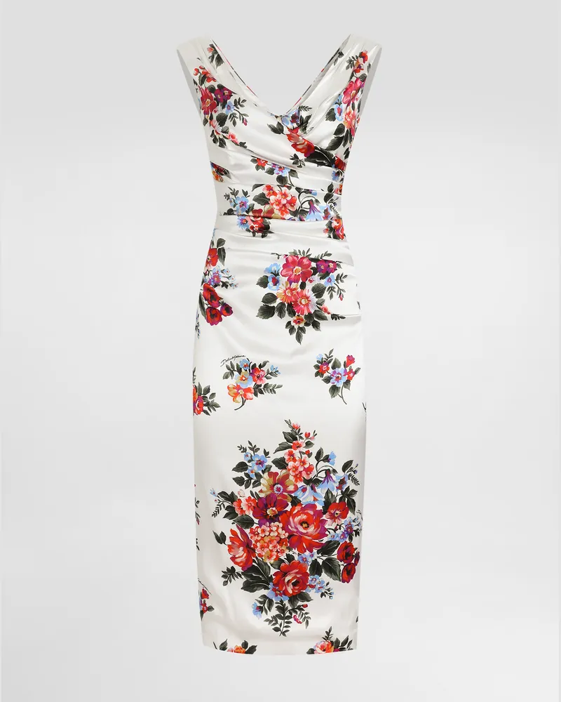 Dolce & Gabbana Flower Bouquet-print Satin Dress - Frau Kleider Multicolor Multicolor