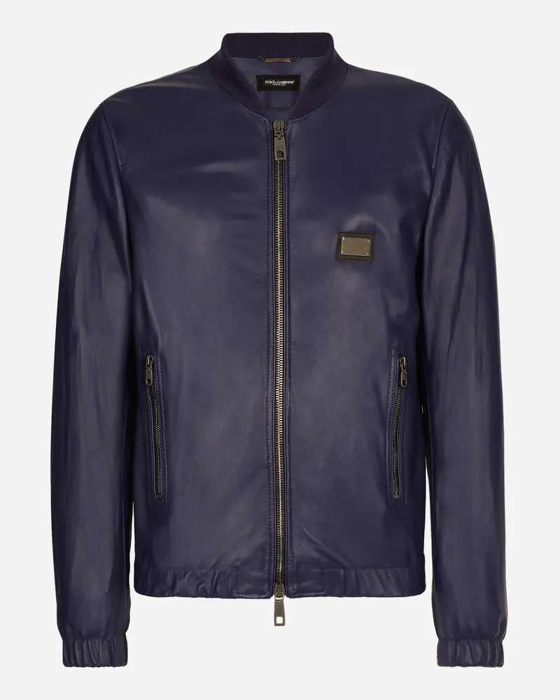 Dolce & Gabbana Lederjacke Mit Logoplakette - Mann Mäntel Und Jacken Blau Leder Blau