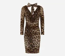 Kurzes Kleid Aus Charmeuse Leoprint Mit Schleife - Frau Kleider Animalprint Seide