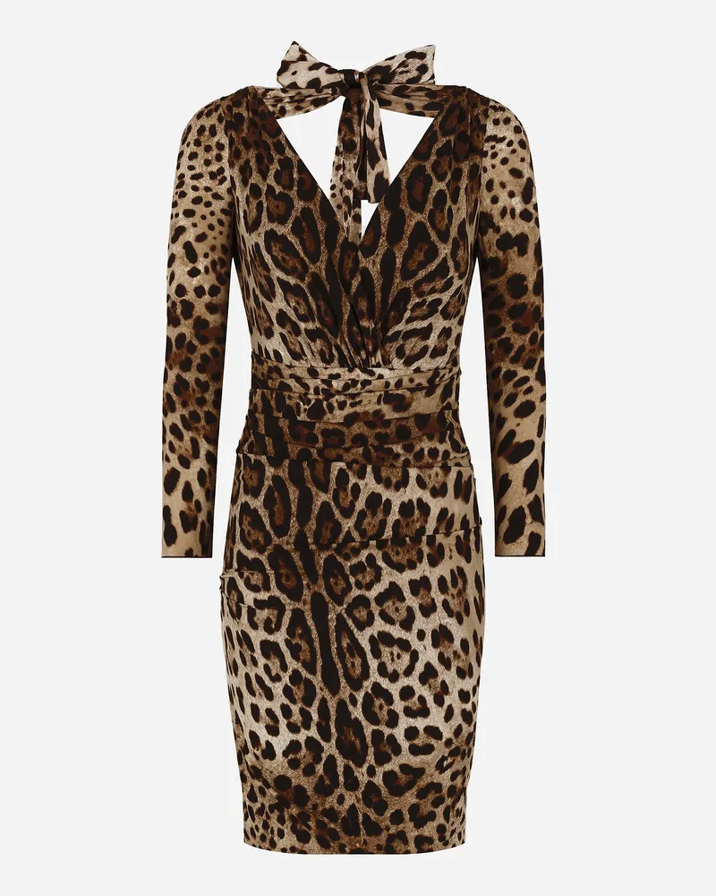 Dolce & Gabbana Kurzes Kleid Aus Charmeuse Leoprint Mit Schleife - Frau Kleider Animalprint Seide Animal-print