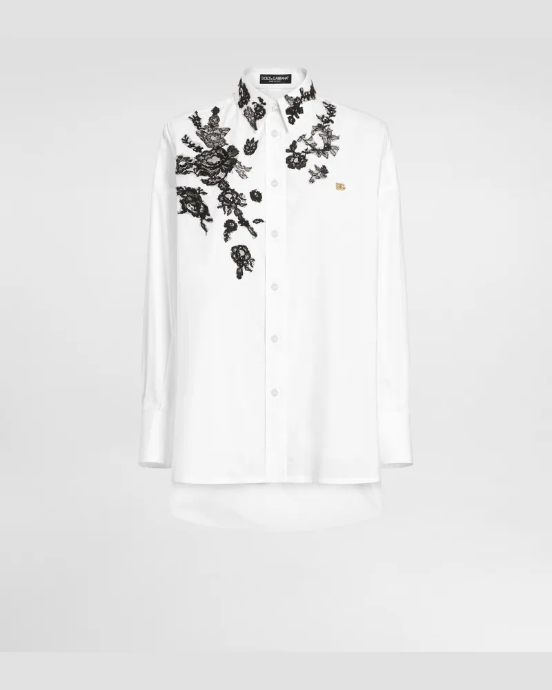 Dolce & Gabbana Oversize-bluse Aus Baumwollpopeline Mit Spitzenapplikationen - Frau Blusen Und Tops Wei Weiss