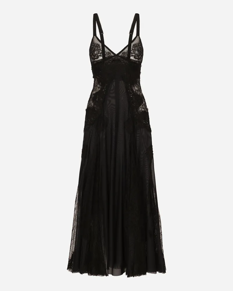 Dolce & Gabbana Longuette-kleid Im Slip-dress-stil Aus Tüll Mit Einsätzen Aus Spitze - Frau Kleider Schwarz T�ll Schwarz