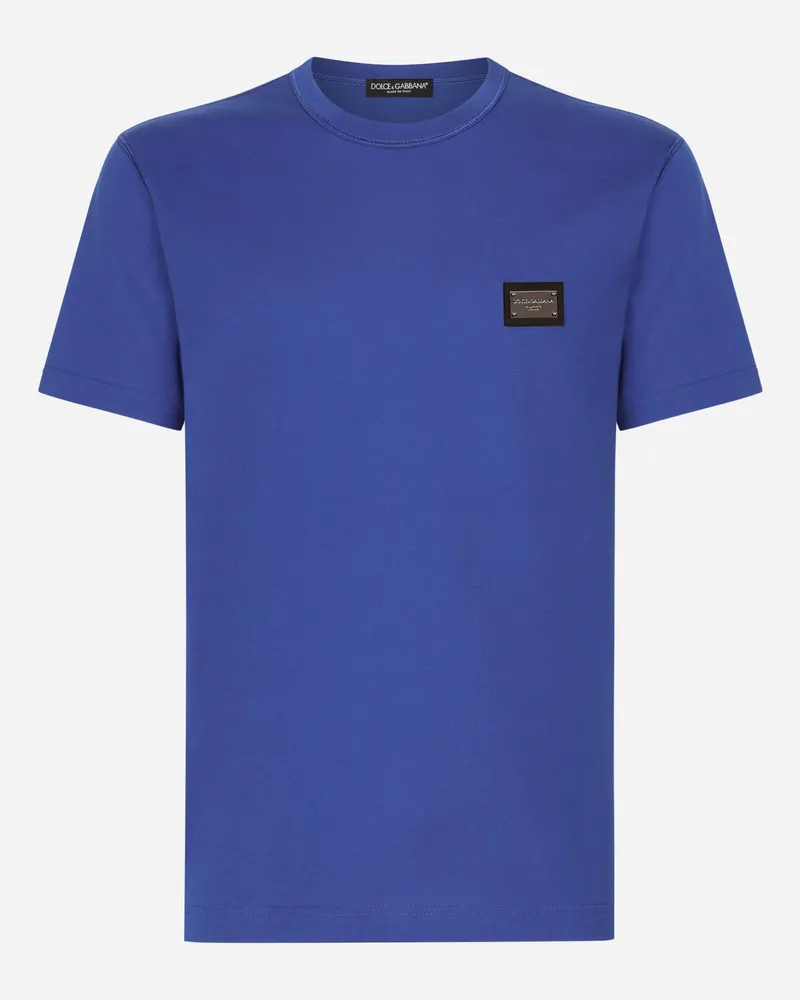 Dolce & Gabbana Baumwoll-t-shirt Mit Logoplakette - Mann T-shirts Und Polos Blau Baumwolle Blau