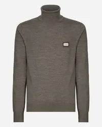 Dolce & Gabbana Rollkragenpullover Wolle mit Logoplakette Grau