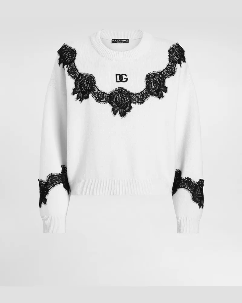 Dolce & Gabbana Pullover Aus Wolle Mit Einsätzen Aus Spitze Und Dg-logo - Frau Strickwaren Wei Weiss