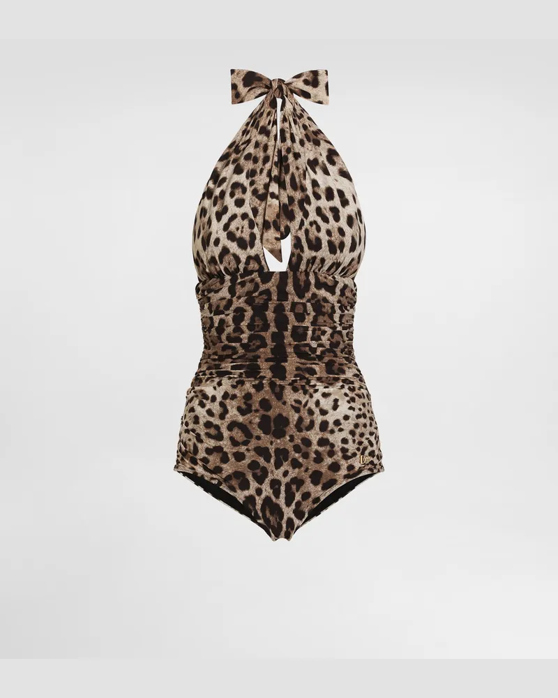Dolce & Gabbana Ausgeschnittener Badeanzug Leoprint - Frau Bademode Animalprint Jersey Mehrfarbig