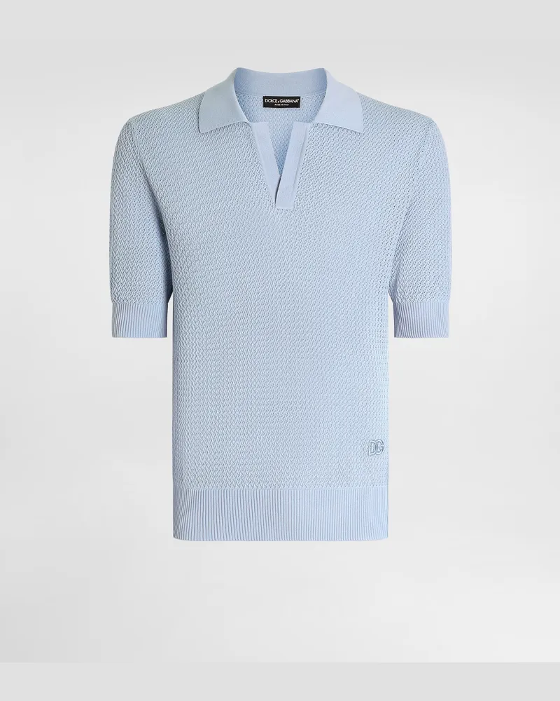 Dolce & Gabbana Micro-pattern Cotton Polo Shirt - Mann Strickwaren Hellblau Azure