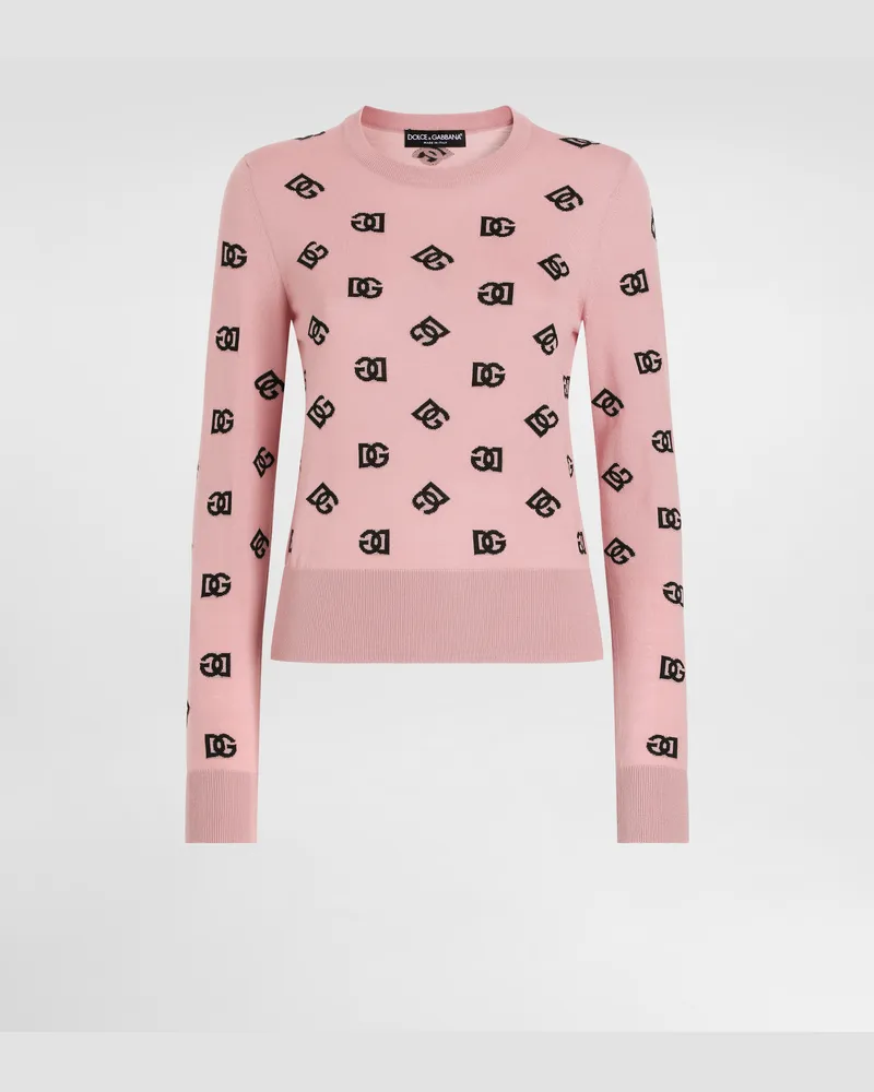 Dolce & Gabbana Wool And Silk Jacquard Sweater With Contrasting Dg Logo - Frau Strickwaren Pink Pink