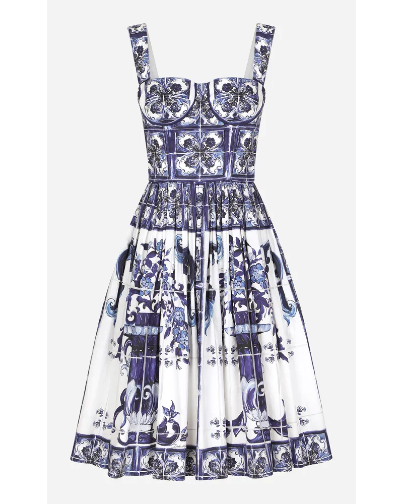 Dolce & Gabbana Bustier-Midikleid aus Popeline Majolika-Print Mehrfarbig