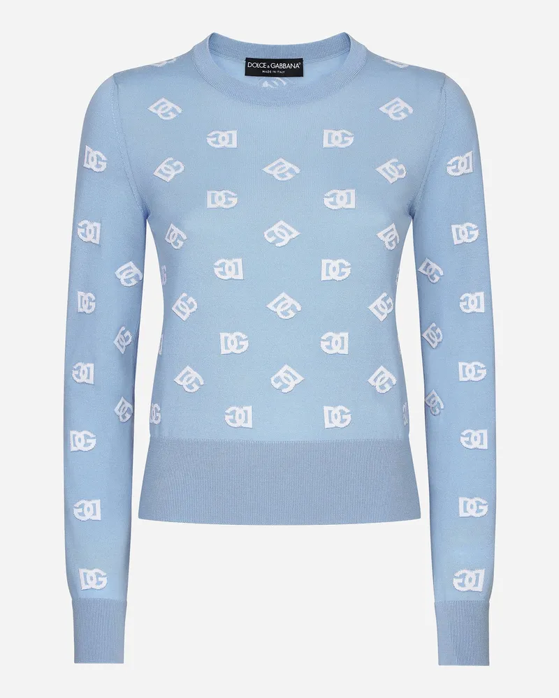 Dolce & Gabbana Jacquardpullover aus Wolle und Seide mit farblich abgestimmtem DG-Logo Azurblau