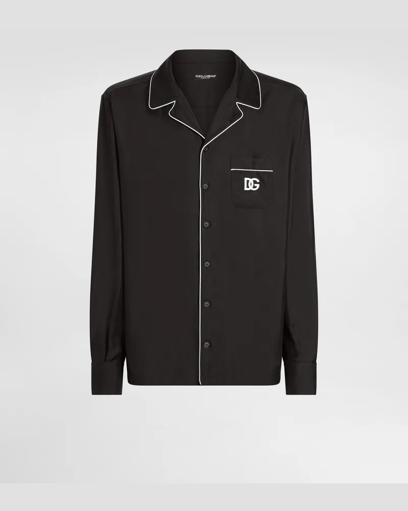 Dolce & Gabbana Seidenhemd Mit Patch Mit Dg-logostickerei - Mann Hemden Schwarz Seide Schwarz