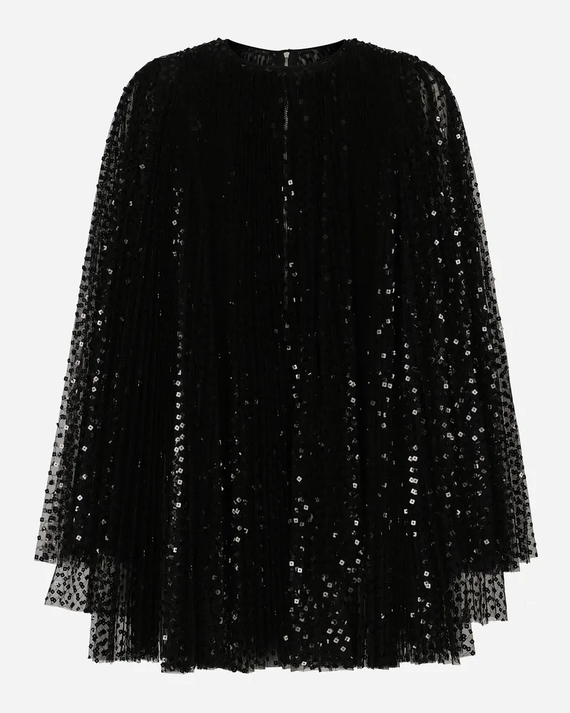 Dolce & Gabbana Kurzes Plisseekleid Mit Weiten Ärmeln Aus Pailletten - Frau Kleider Schwarz T�ll Schwarz