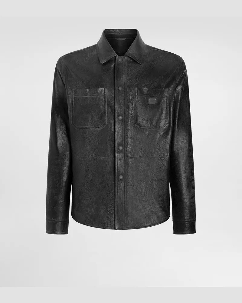 Dolce & Gabbana Lederhemd Mit Logoplakette - Mann Hemden Schwarz Schwarz