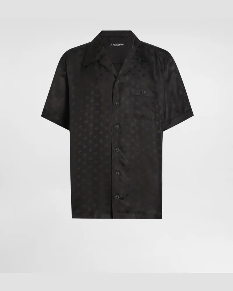 Dolce & Gabbana Hawaiihemd Aus Seidenjacquard Mit Dg-logo - Mann Hemden Schwarz Schwarz