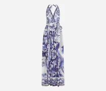 Langes Ärmelloses Kleid Aus Chiffon Majolika-print - Frau Kleider Blau Seide