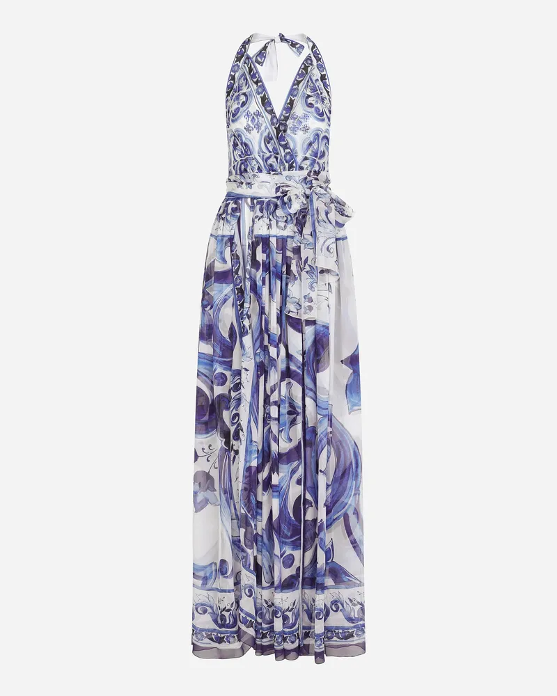 Dolce & Gabbana Langes Ärmelloses Kleid Aus Chiffon Majolika-print - Frau Kleider Blau Seide Mehrfarbig