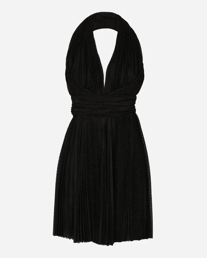 Dolce & Gabbana Kurzes Plisseekleid Aus Netzgewebe Lurex - Frau Kleider Schwarz Stoff Schwarz