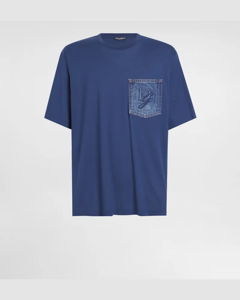 Dolce & Gabbana T-shirt Aus Baumwolle Mit Brusttasche Und Logostickerei - Mann T-shirts Und Polos Blau Blau