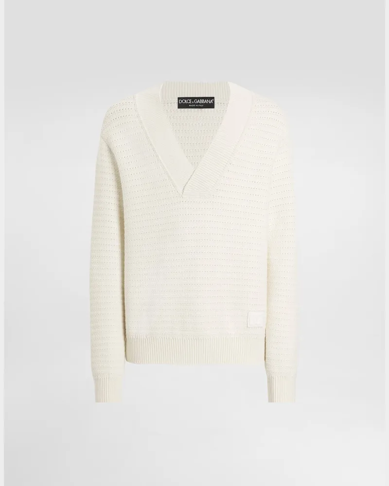 Dolce & Gabbana Wollpullover Mit V-ausschnitt Und Dg-stickerei - Mann Strickwaren Wei Weiss