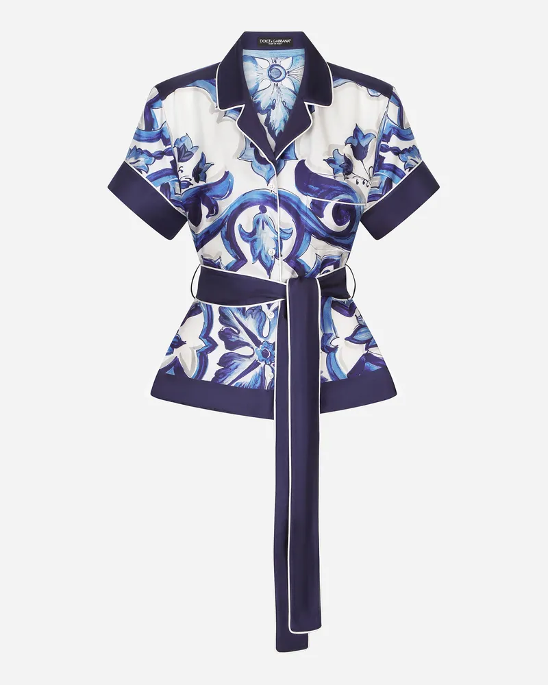 Dolce & Gabbana Bluse Aus Twill Majolika-print Mit Gürtel - Frau Blusen Und Tops Blau Seide Mehrfarbig