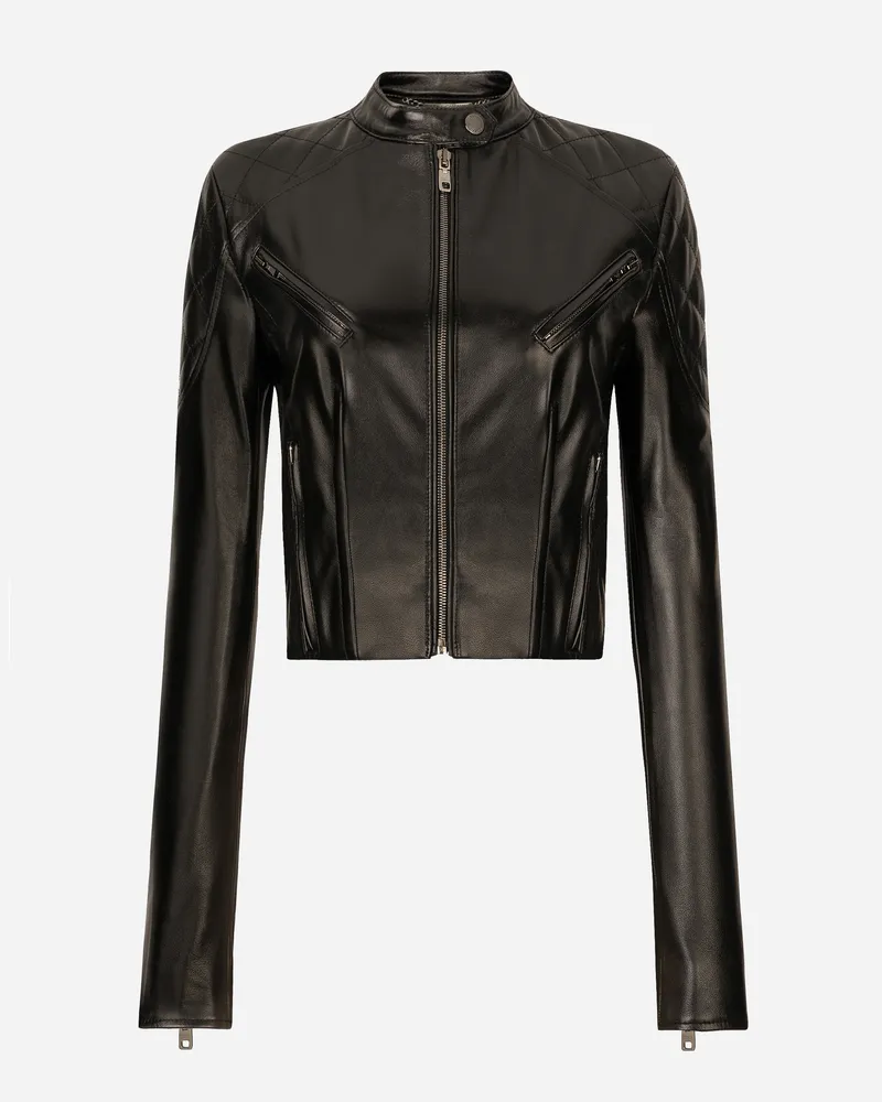 Dolce & Gabbana Kurze Bikerjacke Aus Leder - Frau Mäntel Und Jacken Schwarz Leder Schwarz
