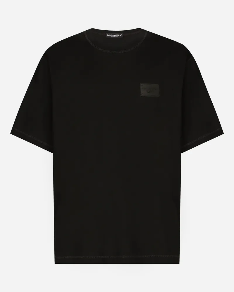 Dolce & Gabbana Baumwoll-t-shirt Mit Logoplakette - Mann T-shirts Und Polos Schwarz Schwarz
