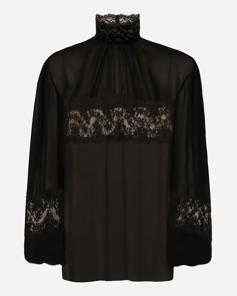 Dolce & Gabbana Bluse Mit Hohem Kragen Aus Georgette Und Spitze - Frau Blusen Und Tops Schwarz Seide Schwarz