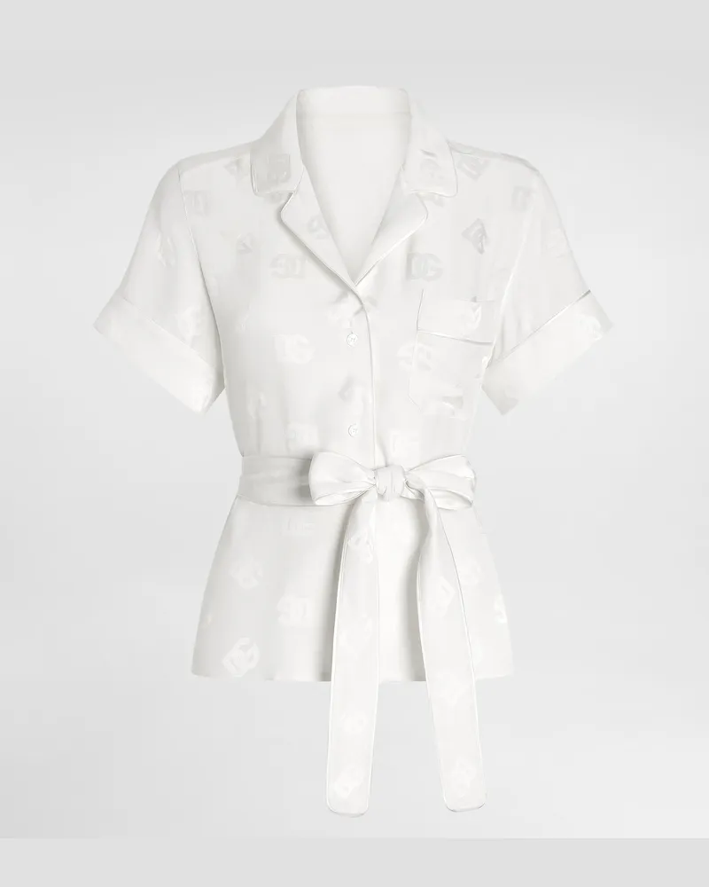 Dolce & Gabbana Kurzarm-pyjamabluse Aus Seidensatin-jacquard Mit Dg-logo - Frau Blusen Und Tops Wei Weiss