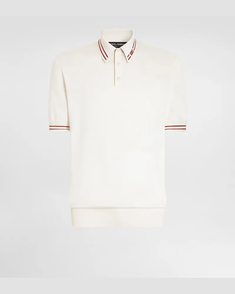 Dolce & Gabbana Poloshirt Aus Glatter Seide Mit Dg-intarsie - Mann Strickwaren Wei Weiss