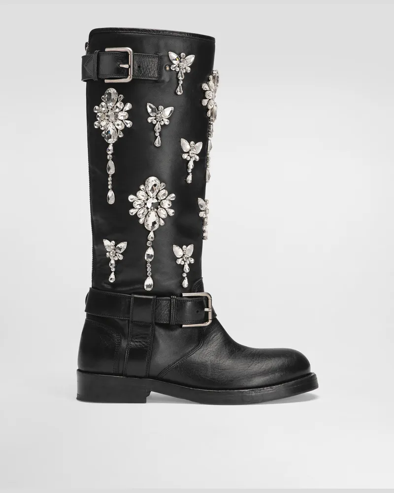Dolce & Gabbana Horse Leather Boots With Crystal Embroidery - Frau Stiefel Und Siefeletten Schwarz Black