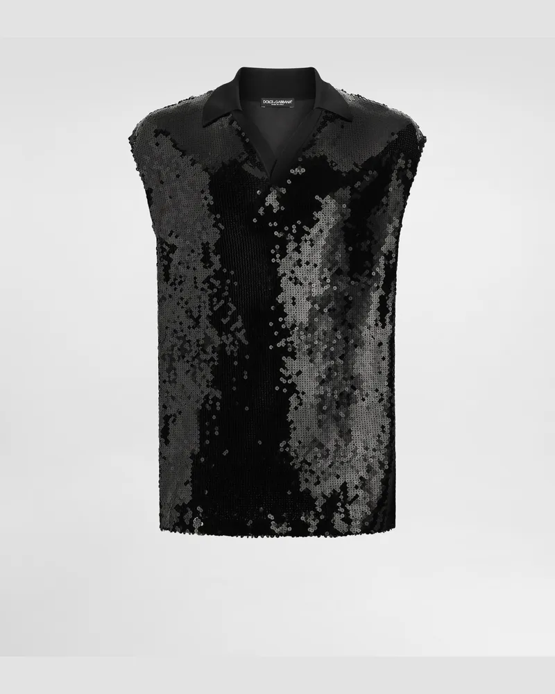 Dolce & Gabbana Ärmelloses Poloshirt Mit Pailletten - Mann T-shirts Und Polos Schwarz T�ll Schwarz