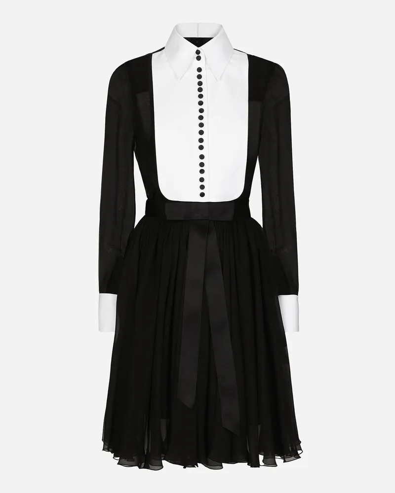 Dolce & Gabbana Midi-hemdblusenkleid Aus Chiffon Mit Plastron Und Manschetten Aus Piqué - Frau Kleider Schwarz Seide Black